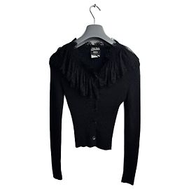 Jean Paul Gaultier Schwarzer Rippstrick Cardigan mit Spitzenbesatz