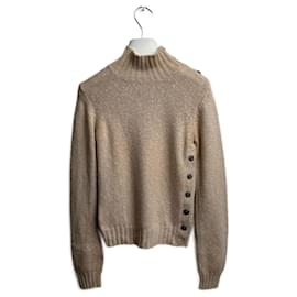 Chanel Maglione in Cashmere Avorio con Collo Alto e Bottone Camelia