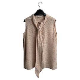 Blusa de seda Céline con estampado de corazones beige rojo