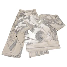 Beige/navyblaues Vintage-Seil-Druck Langarmhemd und Hosen-Set von Hermes - Hermès