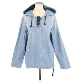 Giacca con cappuccio in denim blu lavato e strappato di Saint Laurent