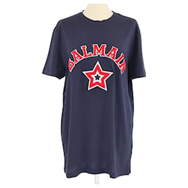 T-shirt girocollo in tweed blu scuro/rosso con logo ricamato Balmain