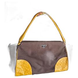 Borsa a spalla Prada Gialla e Marrone Scuro Cotone e Pelle di struzzo