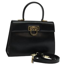 Borsa a mano in pelle Gancini Salvatore Ferragamo 2 in 1 Nero Oro Auth 133757