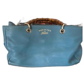 Borsa a spalla Gucci Bamboo grande in pelle blu