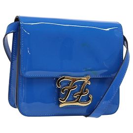Borsa a Spalla FENDI Curligraphy Pelle Verniciata Blu Auth 133349