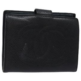 CHANEL Bifold Wallet Caviar Skin Black Gold CC Auth bs28503