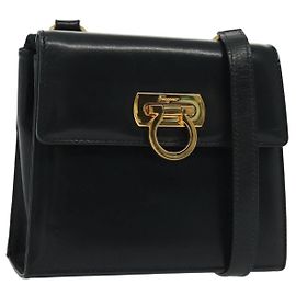 Borsa a Spalla Gancini in Pelle e Suede Salvatore Ferragamo Blu Navy Oro Auth 137474