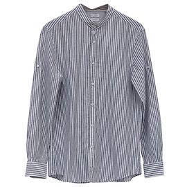Brunello Cucinelli Easy Fit Button-Down Hemd aus grauem und weißem Leinen