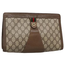 GUCCI GG Supreme Web Sherry Line Clutch Bag PVC Beige Oro 89 01 033 Auth BA4626