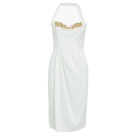 Marchesa Weißes Kreppkleid mit goldenen Kristallverzierungen