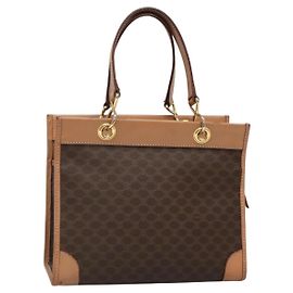 Céline CELINE Macadam Canvas Hand Bag PVC Leather Brown Gold Auth 133434