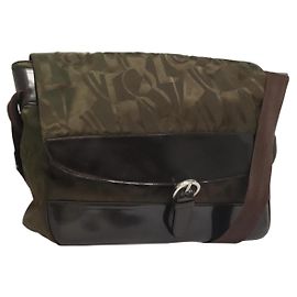Borsa a Spalla Salvatore Ferragamo Nylon Smaltato Khaki Argento Autentica bs28133