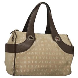 Bulgari Bolso de mano BVLGARI Logo Mania en lona beige y dorado Auth bs28543