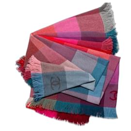 Chanel Cashmere Blanket Blue and Pink Checkered CC Logo