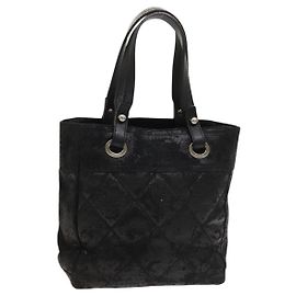 CHANEL Sac Tote Biarritz Paris Toile enduite Noir Argent CC Auth 129603