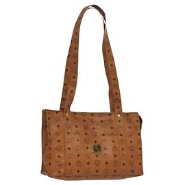 Borsa tote MCM Logogram Vicetos in pelle PVC marrone e oro Auth bs28523