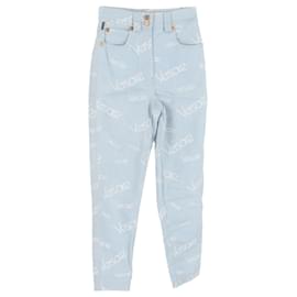 Jeans taille haute avec logo Versace en coton bleu