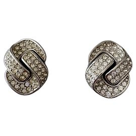 Orecchini Christian Dior Argento Metallo Strass Doppia C