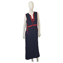 Autre Marque Maxikleid aus Marineblauem Leinen Kallos Athena Antik mit Roter Besticktem Saum – M