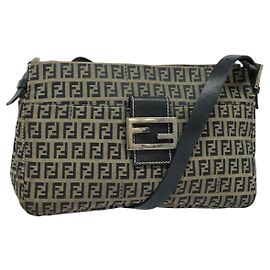 FENDI Zucchino Canvas Mamma Baguette Shoulder Bag Navy Silver Auth 138467