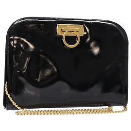 Gancini Ketten-Schultertasche Salvatore Ferragamo Emaille Schwarz Gold Auth 139352