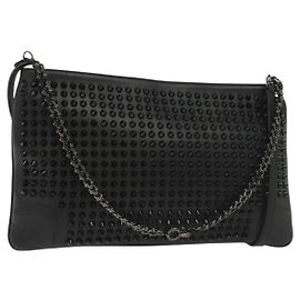 Christian Louboutin Studs Chain Shoulder Bag Leather Black Silver Auth 137606