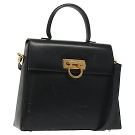 Borsa a mano in pelle Gancini Salvatore Ferragamo 2 in 1 Nero Oro Auth 136400