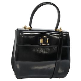 Borsa a mano Gancini Salvatore Ferragamo in pelle verniciata 2 in 1 Nero Oro Auth 136446