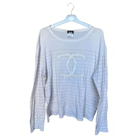 Top Chanel bianco e beige in cotone con logo CC
