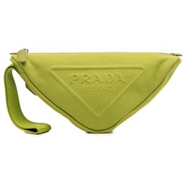 Clutch de muñeca de lona verde Canapa con logo triangular Prada