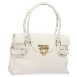 Borsa a mano Gancini in pelle bianca e oro Salvatore Ferragamo Auth 137663