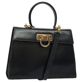 Bolso de mano de cuero Gancini Salvatore Ferragamo 2 en 1 Negro Oro Auth 139351