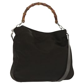 Bolso de mano de nylon Gucci Bamboo 2 vías marrón plateado 001 2113 1577 Auth ep9917