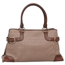 Borsa Tote Gancini in Pelle Marrone e Oro Auth 138354 di Salvatore Ferragamo