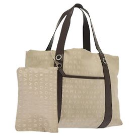 Bulgari Bolso de mano BVLGARI Logo Mania en lona beige plateada Auth bs28544