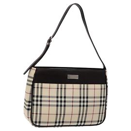 Burberry Nova Check Schultertasche Canvas Beige Silber Auth 138176