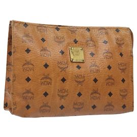 Borsa Clutch MCM Logogram Vicetos in Pelle PVC Marrone Oro Auth bs28761