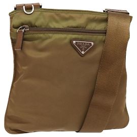 PRADA Schultertasche Nylon Braun Silber Authentisch 137514