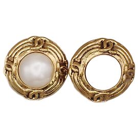 Chanel Vintage Round Clip-On Metal with Faux Pearl