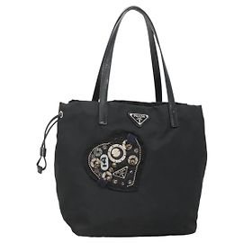 Borsa Tote Prada in nylon nero e argento Auth hk2905