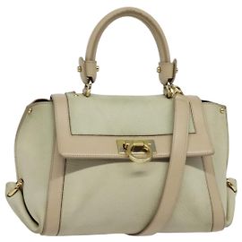 Salvatore Ferragamo Gancini Hand Bag Leather 2way Beige Gold Auth hk2928