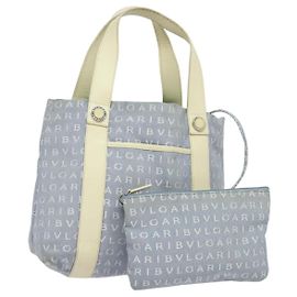 Bulgari Bolso Tote BVLGARI Logo Mania de lona azul claro plateado Auth BA5058