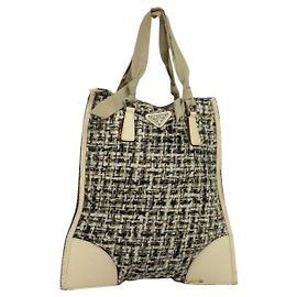 Borsa a Mano PRADA Tweed Pelle Beige Nero Argento Auth yk19291