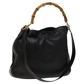 Borsa a spalla Gucci Bamboo in pelle 2 in 1 Nero Oro 001 1577 Auth 138325
