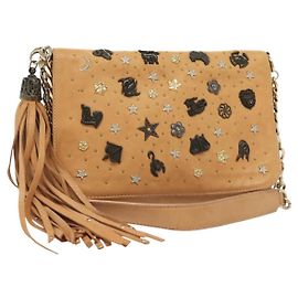 Borsa a spalla in pelle beige e oro con borchie Jimmy Choo Auth BA5032