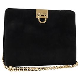Borsa a spalla Gancini in suede nero e oro Auth BA5012 di Salvatore Ferragamo