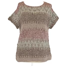 Brauner Pailletten-Baumwollmischpullover mit Kabelstrick und Bündchenärmeln von Brunello Cucinelli