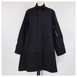 Celine Dunkel/Blaue Langarm-Baumwollmantelkleid - Céline