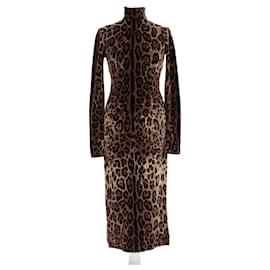Midi-Kleid mit langen Ärmeln aus gemischter Baumwolle im braunen Leopardenmuster von Dolce & Gabbana